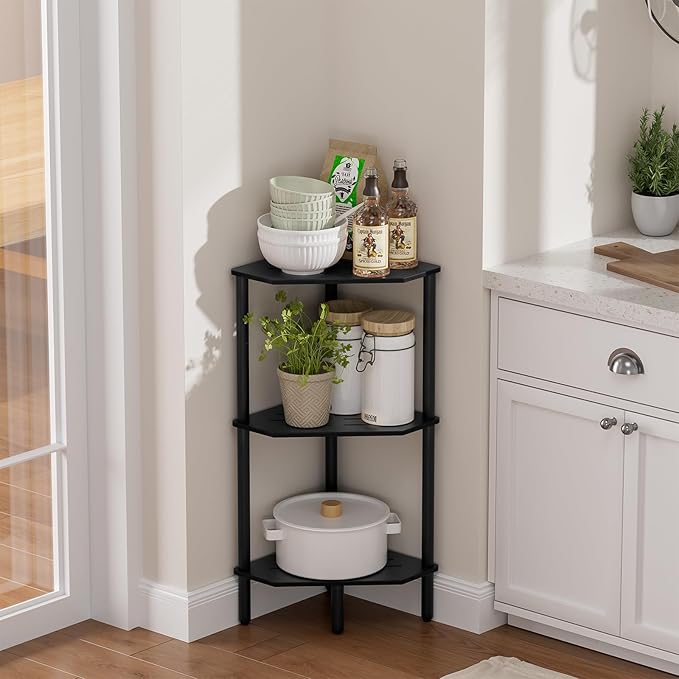 Black Corner Shelf, 3 Tier Bamboo Corner Bookshelf, Display Shelf, Corner Bathroom Shower Caddy, Toilet Paper Stand, Indoor Plant Stand Balcony, Storage Organizer Cabinet for Kitchen, Living Room