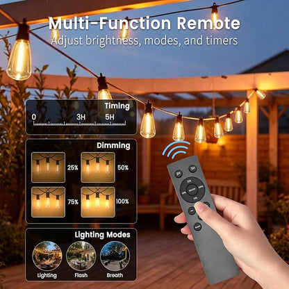 50FT Solar String Lights, Remote & USB Port, Outdoor Waterproof | 1.5FT Spacing, 32+2 Shatterproof Edison Bulbs, IP65, 2700K Warm White, Timer & Dimmable, Outdoor String Lights, Backyard