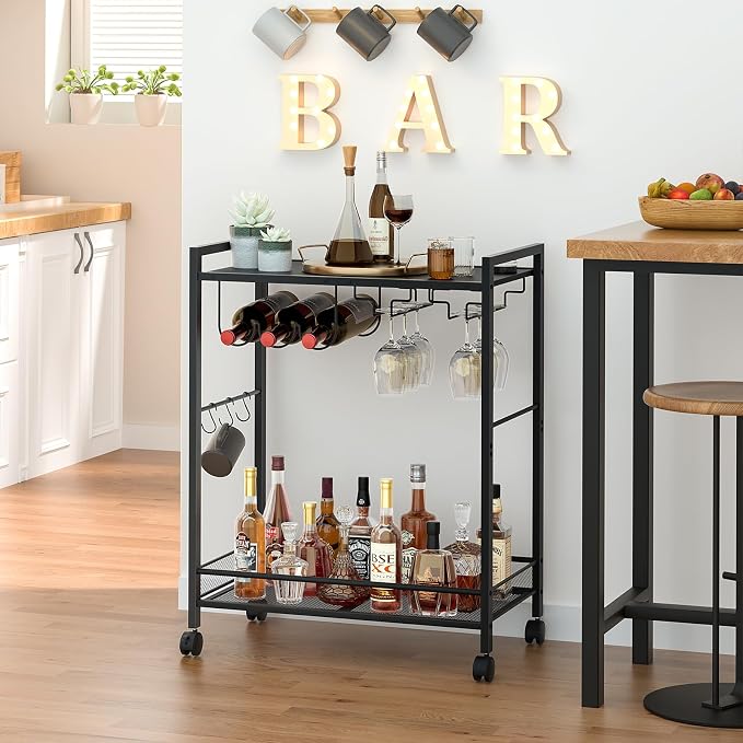 Joaxswe Bar Cart, Home Bar Serving Cart with 2-Tier Shelf,Rolling Beverage Cart with Wheels,Mobile Kitchen Shelf,Modern Black Wine Drink Cart with Wine Rack and Glass Holder for Kitchen,Dinning Room