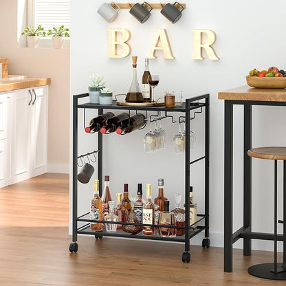 Joaxswe Bar Cart, Home Bar Serving Cart with 2-Tier Shelf,Rolling Beverage Cart with Wheels,Mobile Kitchen Shelf,Modern Black Wine Drink Cart with Wine Rack and Glass Holder for Kitchen,Dinning Room