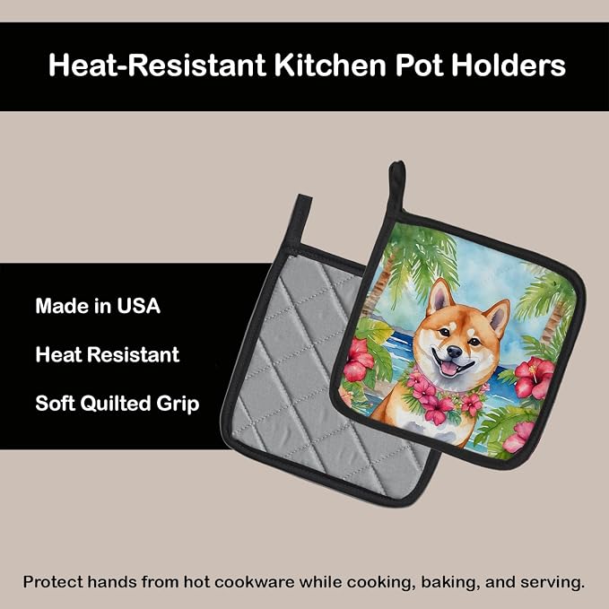 Caroline's Treasures Shiba Inu Luau Pair of Pot Holders Kitchen Heat Resistant Pot Holders Sets Oven Hot Pads for Cooking Baking BBQ, 7 1/2 x 7 1/2