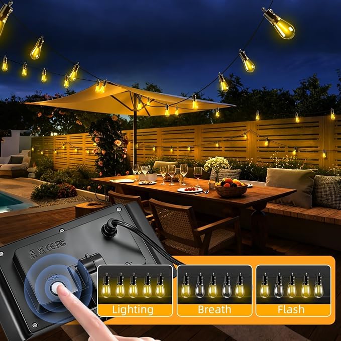 Solar Lights Outdoor, 40FT S14 LED IP65 Waterproof Patio Lights | 13 Shatterproof Edison Bulbs Hanging Light, Solar or USB Charging, 3 Lighting Modes for Backyard Porch Party Decor Warm White