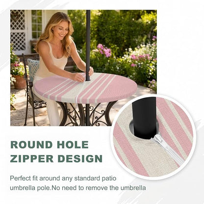 Outdoor Fitted Tablecloth with Umbrella Hole and Zipper, Pink Beige Striped Elastic Round Patio Table Cover, Farmhouse Retro Lines Modern Windproof Table Protector for Backyard BBQ Party 36''-44''
