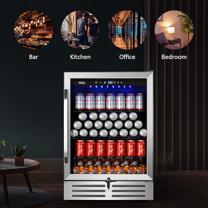24 Inch Beverage Refrigerator Cooler,210 Cans Wide Beverage and Beer Fridge with Glass Door and Powerful Cooling Compressor, Built-in/Freestanding Drink Fridge for Kitchen, Bar or Office