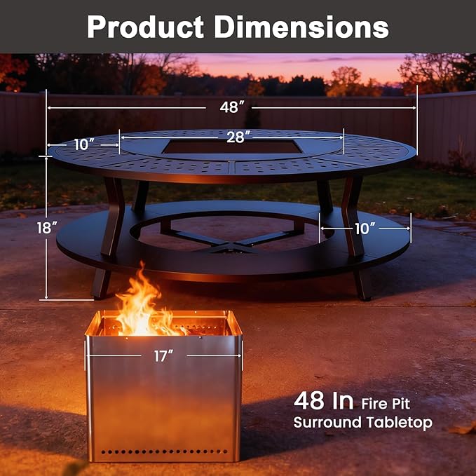 Uniflasy Smokeless Fire Pit and Fire Pit Surround Tabletop, Portable Protective Barrier Equal Width, Safety & Extra Space, 48" Outdoor Tabletop & 17" Smokeless Firepit for Backyard, Camping & Party