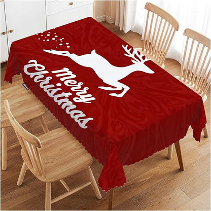 Swono Merry Christmas Tablecloths Flying Xmas Reindeer Floral Red Kitchen Dinning Tabletop Decoration, Polyester Table Cover for Indoor Outdoor 50x72 Inch Tablecloth