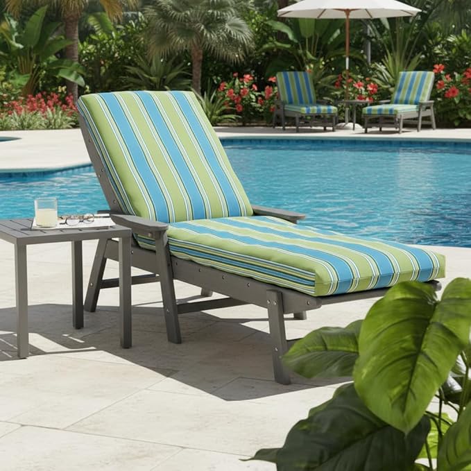 Modern Outdoor Chaise Lounge Cushion with Ties – Durable Polyester Fabric, Channel-Filled Polyfiber Insert, Removable Zippered Cover, Cayman Stripe