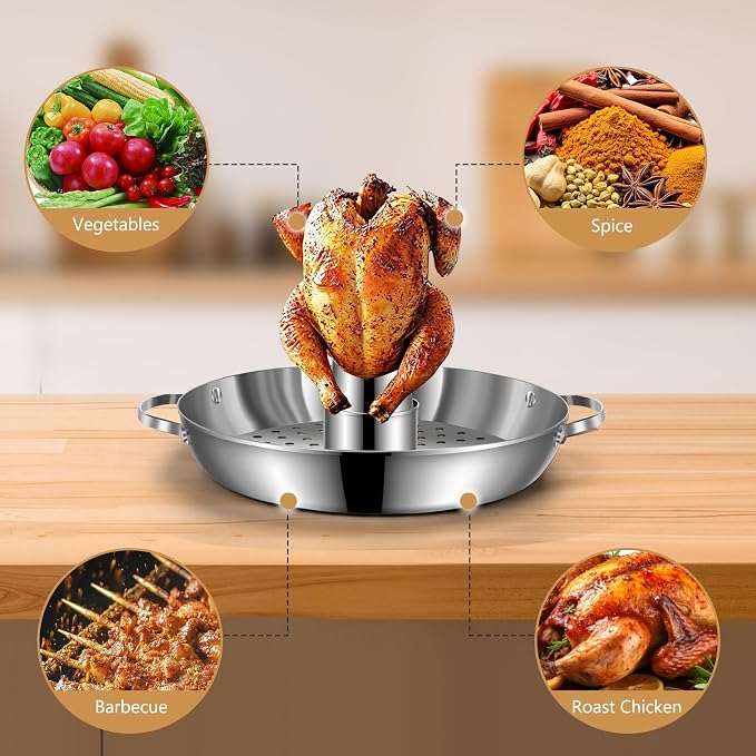 Beer Can Chicken Holder, 12" Large Stainless Steel Chicken Rack for Grill | Sturdy & Dishwasher Safe, Vertical Grilling Accessories Rack for Tender Roaster Turkey Vegetables