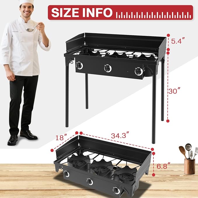3 Burner Propane Camp Stove | 225,000 BTU | High Pressure Gas Burners | CSA Certified | Windscreen | Waterproof Cover | Detachable Legs | Ideal for Camping Tailgating Backyard Outdoor Cooking