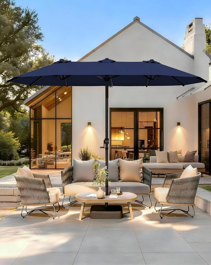 GDPFN 15ft Patio Umbrella with Base Include, Large Outdoor Double-Sided Rectangle Umbrella with Easy Crank Handle for Poolside, Garden & Deck - Navy Blue