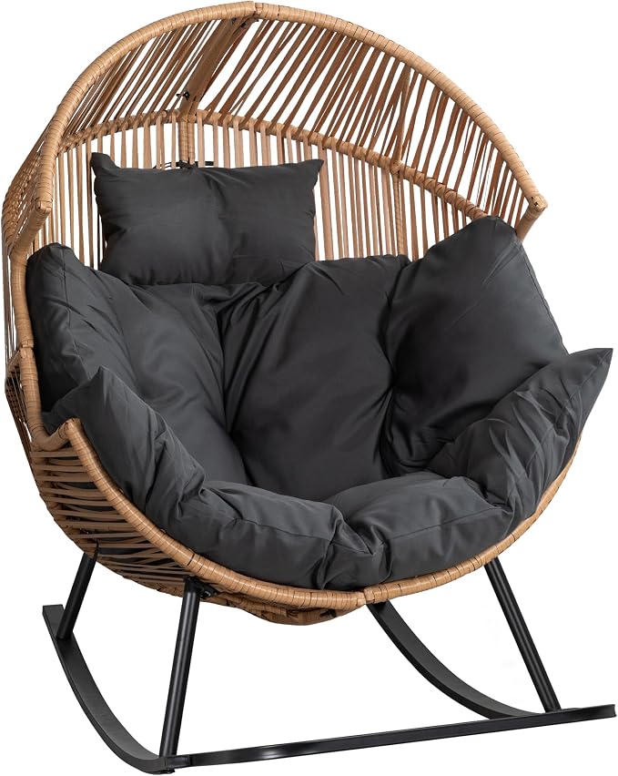 Shintenchi Wicker Egg Chair, Outdoor Indoor Rocking Chair, Large PE Rattan Rocking Chair with Cushion for Patio, Balcony, Backyard, Garden, Deep Grey