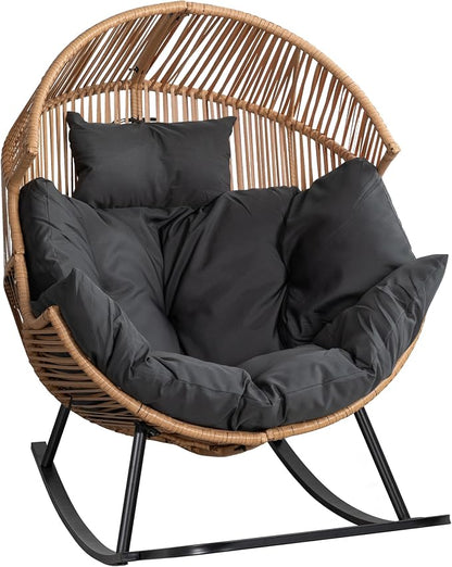 Shintenchi Wicker Egg Chair, Outdoor Indoor Rocking Chair, Large PE Rattan Rocking Chair with Cushion for Patio, Balcony, Backyard, Garden, Deep Grey