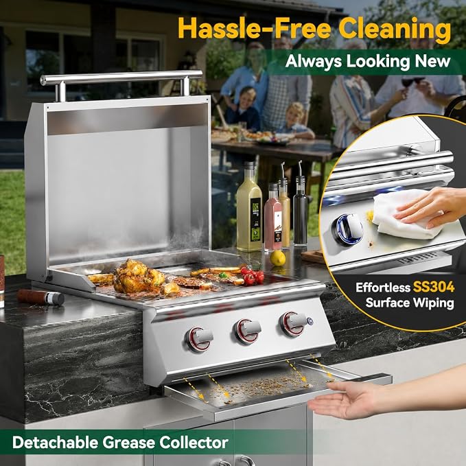 26 Inch BBQ Head Griddle Grill Combo for Outdoor Kitchen, Natural Gas Built-in Grills for Barbecue Island, 3-Burner, 3 * 15,000 BTU, Premium 304 Stainless Steel