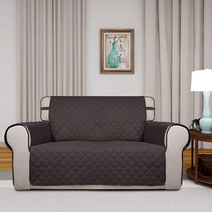 PureFit Reversible Quilted Sofa Cover, Water Resistant Medium Slipcover Furniture Protector, Washable Couch Cover with Non Slip Foam and Elastic Straps for Kids, Pets (Loveseat, Chocolate/Chocolate) | Chocolate/Chocolate, Water Resistant Couch Protecto...
