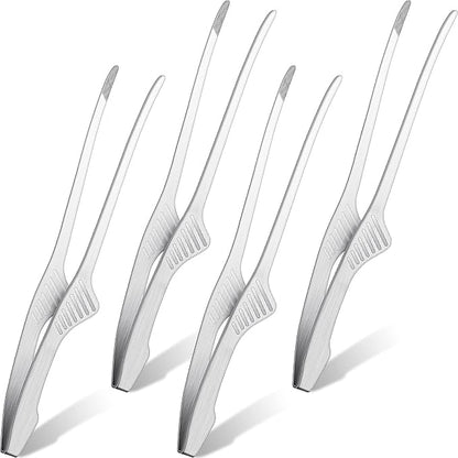 Patelai 4 Pieces Korean and Japanese BBQ Tongs Non Slip Cooking Utensils Stainless Steel Tongs for Serving Food, Salad, Camping, Barbecue, Buffet, Oven with Support Stand (Silver)
