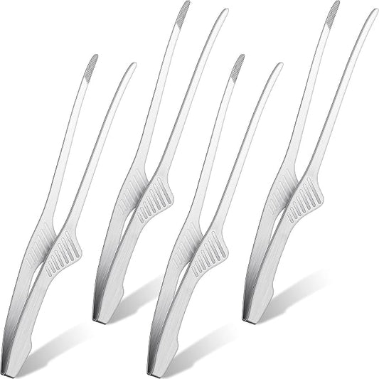 Patelai 4 Pieces Korean and Japanese BBQ Tongs Non Slip Cooking Utensils Stainless Steel Tongs for Serving Food, Salad, Camping, Barbecue, Buffet, Oven with Support Stand (Silver)