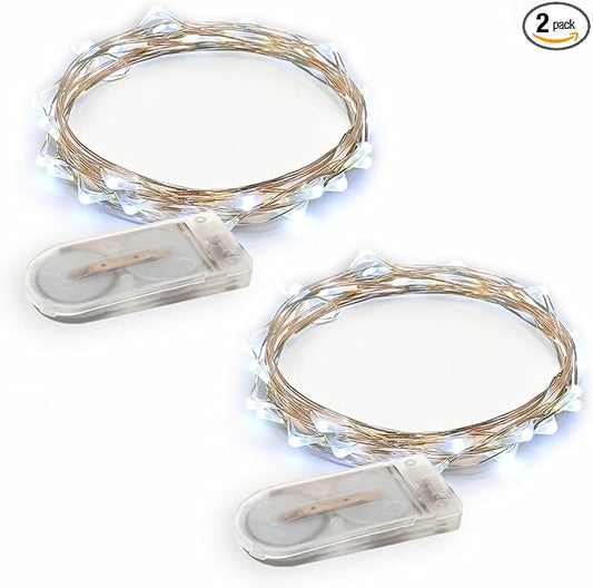 2-Pack 20 LED Wire Twinkle Fairy Lights, Battery Powered, Waterproof — Christmas, Holidays, Wedding, Party — Bedroom, Living Room — 6.5 Ft, Cool White, Indoor & Outdoor