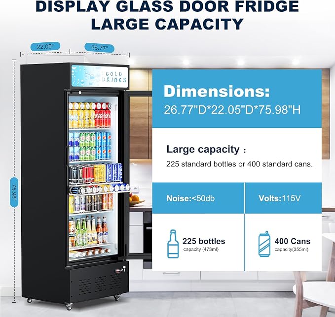 25.7'' W Commercial Refrigerators with Glass Door, 15 Cu.ft. Beverage Refrigerators Commercial Fridge Upright Display Cooler with Soft LED Light and Adjustable Shelves for Restaurant Stores