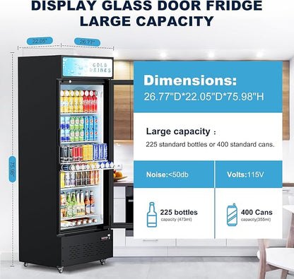 25.7'' W Commercial Refrigerators with Glass Door, 15 Cu.ft. Beverage Refrigerators Commercial Fridge Upright Display Cooler with Soft LED Light and Adjustable Shelves for Restaurant Stores