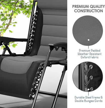 Nestl Padded Oversized Zero Gravity Chair, XL Outdoor Lounge Chair Set of 2 | Adjustable Headrest, Cup Holder & Side Tray, Support 330 LBS, Anti Gravity Reclining, For Patio, Camping & Beach, Black/Grey