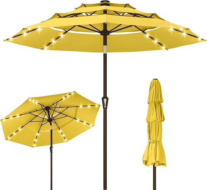 Kingdura 9ft 3-Tier Patio Umbrella with Solar Lights, Table Umbrella Outdoor Patio with Easy Crank & Tilt, 8 Sturdy Ribs, UV Protection, 32 LED Lights for Deck, Poolside, Market (Yellow)