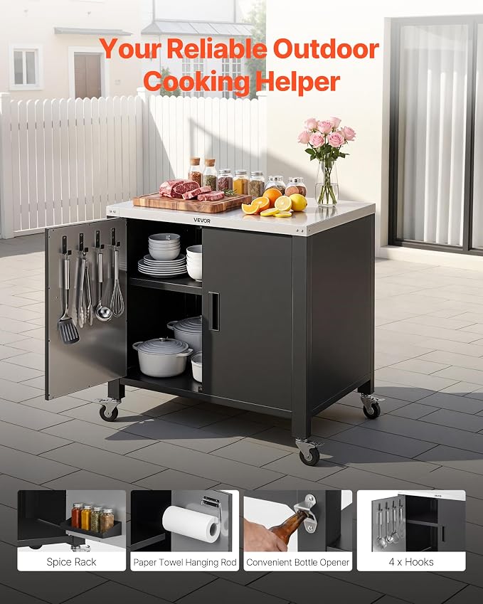 VEVOR Outdoor Grill Cart with Storage Cabinet, 40 Inch Grill Table, Waterproof Kitchen Island with Stainless Steel Top, Spice Rack, and Wheels, Movable Food Prep Station for Patio Bar Backyard BBQ