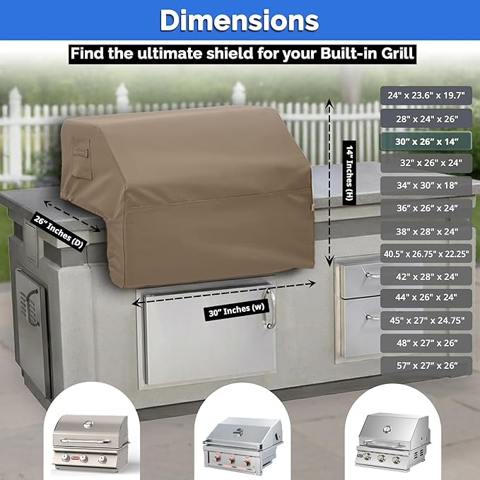 Covers & All Built-in Grill Cover for Outdoor Grill – Heavy Duty 12 oz Waterproof Built-in BBQ Grill Cover, PVC-Coated Polyester with Elastic Hem for Snug Fit (30 x 26 x 14 inches, Beige)