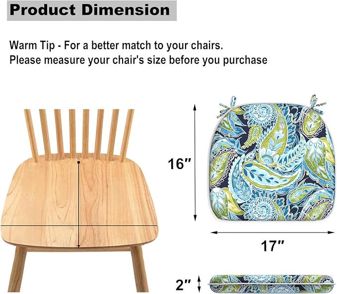DYTXIII Set of 2 Outdoor Chair Cushions with Ties,Water Repellent Patio Chair Pads 17"x 16" for Outdoor Furniture,Round Corner Seat Cushions for Garden Yard Kitchen Paisley Lapis Green