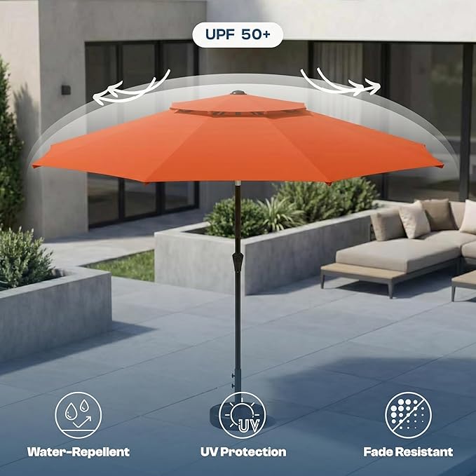Patio Umbrella, 2 Tier Outdoor Table Umbrella, Large Vented Market Umbrellas with Push Button Tilt and Crank, 8 Sturdy Ribs for Backyard, Deck, Pool, UPF50+ UV Protection