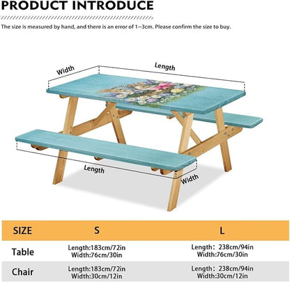 Easter Bunny Picnic Table Cover Elastic Fitted Table Cloth for Camping Party Easter Bunny Picnic Table Cover with Bench Covers 3 PCS for Outdoors