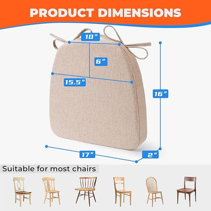 Sunsleek Chair Cushions for Dining Chairs, D-Shaped Seat Cushions with Removable Washable Cover and Ties, Chair Pads for Kitchen, Indoor Dining Room, Patio Chairs, 17'' x 16'', Set of 2, Khaki