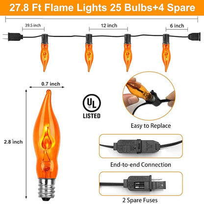 Halloween Lights 27.8 FT Flickering Flame String Lights with 25 Orange C18 Light Bulbs Twinkle C18 E12 Base Flame Lights Indoor Outdoor for Halloween Decorations