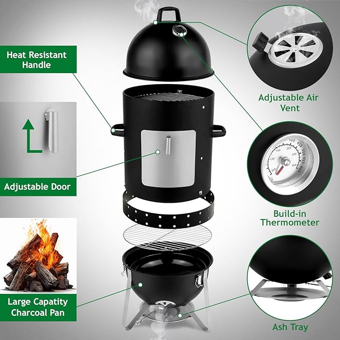 Vertical Steel Charcoal Smoker, Round BBQ Grill Vertical Charcoal BBQ Smoker, 3-in-1 Portable Outdoor Grill Cooker with Built-in Thermometer for Outdoor Cooking Backyard Grilling Camping Picnic