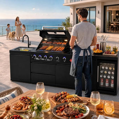 104"4-Burner Modular Outdoor Kitchen Island, 72000 BTU Propane Gas Grill | 4 Burners & Side Stove, Rear Infrared, Marble Countertop, Fridge, 360° Pull-Out Faucet, Sink, Warming Rack, Storage Cabinet