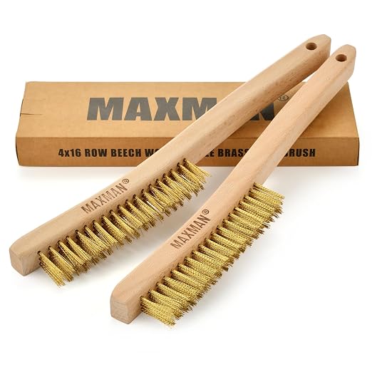 MAXMAN Brass Brush 2Pcs, 14" Soft Brass Bristle, Rust & Weld Cleaner | Wire Brushes for Cleaning Metal Rust, Beechwood Handle, for Metal Rust/Welds, Ideal for Delicate Surfaces, Large Size