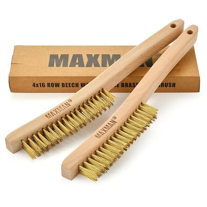 MAXMAN Brass Brush 2Pcs, 14" Soft Brass Bristle, Rust & Weld Cleaner | Wire Brushes for Cleaning Metal Rust, Beechwood Handle, for Metal Rust/Welds, Ideal for Delicate Surfaces, Large Size