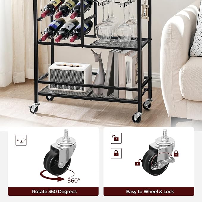MAHANCRIS Bar Cart for Home, 3-Tier Serving Cart with Wheels and Handle, Beverage Cart with Wine Rack and Glass Holders, Rolling Wine Cart for Kitchen, Dining Room, Marble and Black RCHM6101