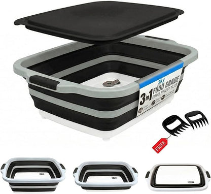 Collapsible BBQ Prep Tub with Lid - XL 4.22 GAL Folding Cutting Board & Food Basin for Outdoor Cooking, Marinating Container, Space Saving Prep Station (Black)
