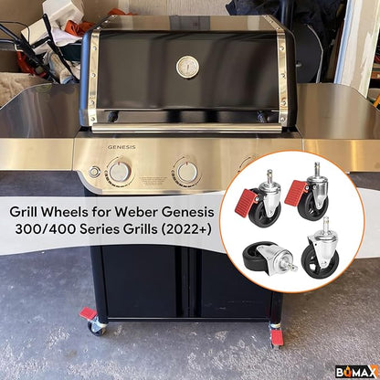 BQMAX Grill Wheels for Weber Genesis 300/400 Series Grills (2022+), Locking Caster Wheel Set for Weber Genesis Grill Parts E-315 E-325 S-315 for Weber Grill Wheels Replacement