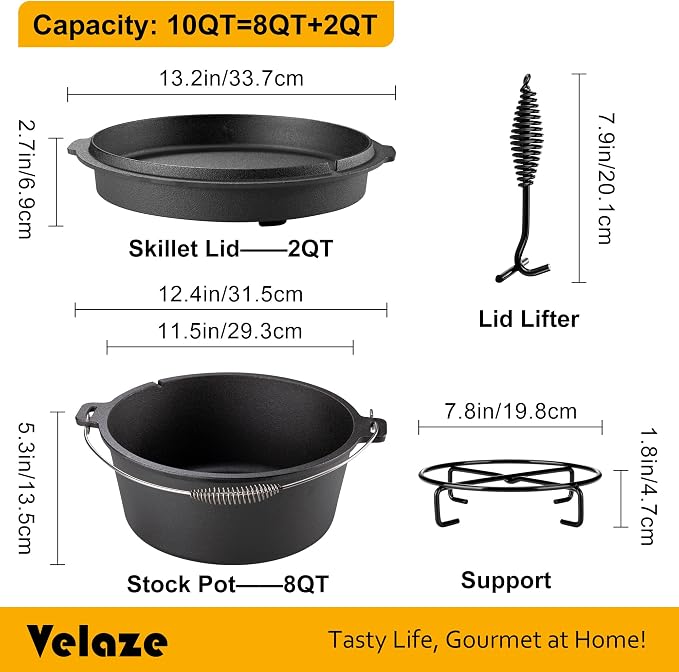 Velaze 10 QT Pre-Seasoned Cast Iron Camping Dutch Oven Pot with Lid | Comes with Metal Handles, Lid Lifter,Stand Support,Use in Oven, on Stove,Grill,or Over Campfire,Capacity for 4-8 People