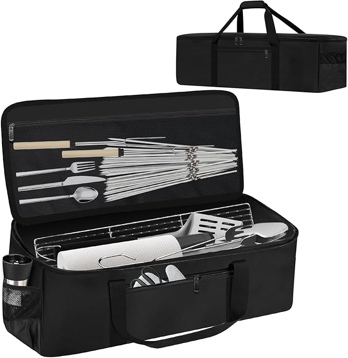 Grill Tool Storage Bag, Outdoor BBQ Utensil Storage with Pockets for BBQ Tools up to 22", Large Grilling Utensil Holder Storage Caddy, Barbecue Tool Sets Case for Camping Picnic,Bag Only,Black
