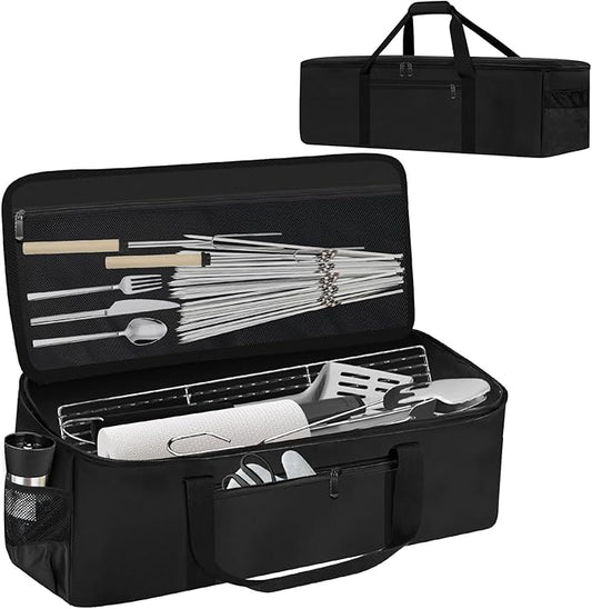 Grill Tool Storage Bag, Outdoor BBQ Utensil Storage with Pockets for BBQ Tools up to 22", Large Grilling Utensil Holder Storage Caddy, Barbecue Tool Sets Case for Camping Picnic,Bag Only,Black