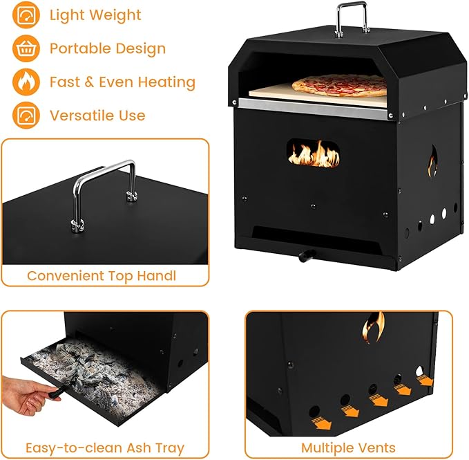 ORALNER Pizza Oven Outdoor, 4-in-1 Wood Fired Pizza Oven and Grill Combo W/ 12" Pizza Stone, Pizza Peel, Water-Proof Cover & Grill Grate, Portable Fire Pit Backyard Pizza Maker for Party, Camping