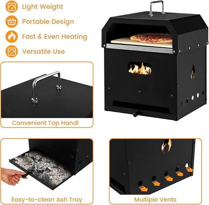 ORALNER Pizza Oven Outdoor, 4-in-1 Wood Fired Pizza Oven and Grill Combo W/ 12" Pizza Stone, Pizza Peel, Water-Proof Cover & Grill Grate, Portable Fire Pit Backyard Pizza Maker for Party, Camping