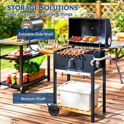 Portable Charcoal Grill with Foldable Side Shelf & Bottom Shelf, BBQ Smoker with Wheels and Adjustable Lid Vents for Picnic, Camping, Backyard Cooking (37" W x 20.5" D x 42.1" H)