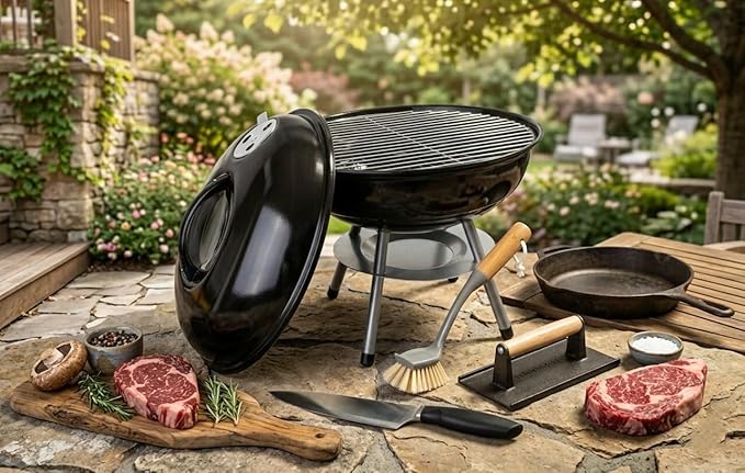 14-Inch Kettle Charcoal Grill 4-Piece Set, Round BBQ Grill with Cleaning Brush, Chef Knife, and Cast Iron Press
