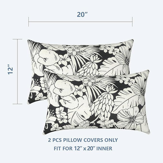 LVTXIII Outdoor Lumbar Pillow Covers Only Set of 2 Patio Decorative Pillow Cases, Water Repellent Lumbar Cushion Cases for Sofa, Patio Couch Garden Use, 12x20 Inch, Tropical Blossom Noir