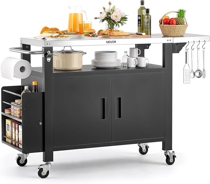 VEVOR Outdoor Grill Cart with Storage Cabinet, 55.1 Inch Grill Table, Waterproof Kitchen Island with Stainless Steel Top, Shelf, and Wheels, Movable Food Prep Station for Patio Bar Backyard BBQ