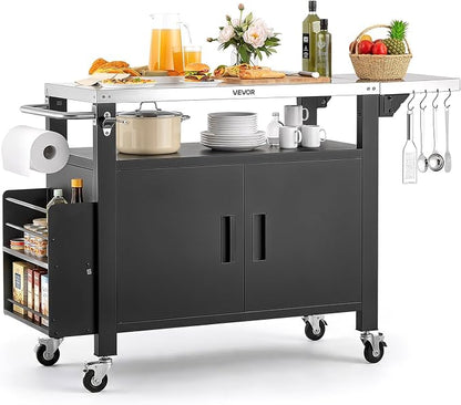 VEVOR Outdoor Grill Cart with Storage Cabinet, 55.1 Inch Grill Table, Waterproof Kitchen Island with Stainless Steel Top, Shelf, and Wheels, Movable Food Prep Station for Patio Bar Backyard BBQ
