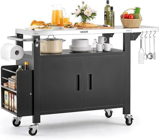 VEVOR Outdoor Grill Cart with Storage Cabinet, 55.1 Inch Grill Table, Waterproof Kitchen Island with Stainless Steel Top, Shelf, and Wheels, Movable Food Prep Station for Patio Bar Backyard BBQ